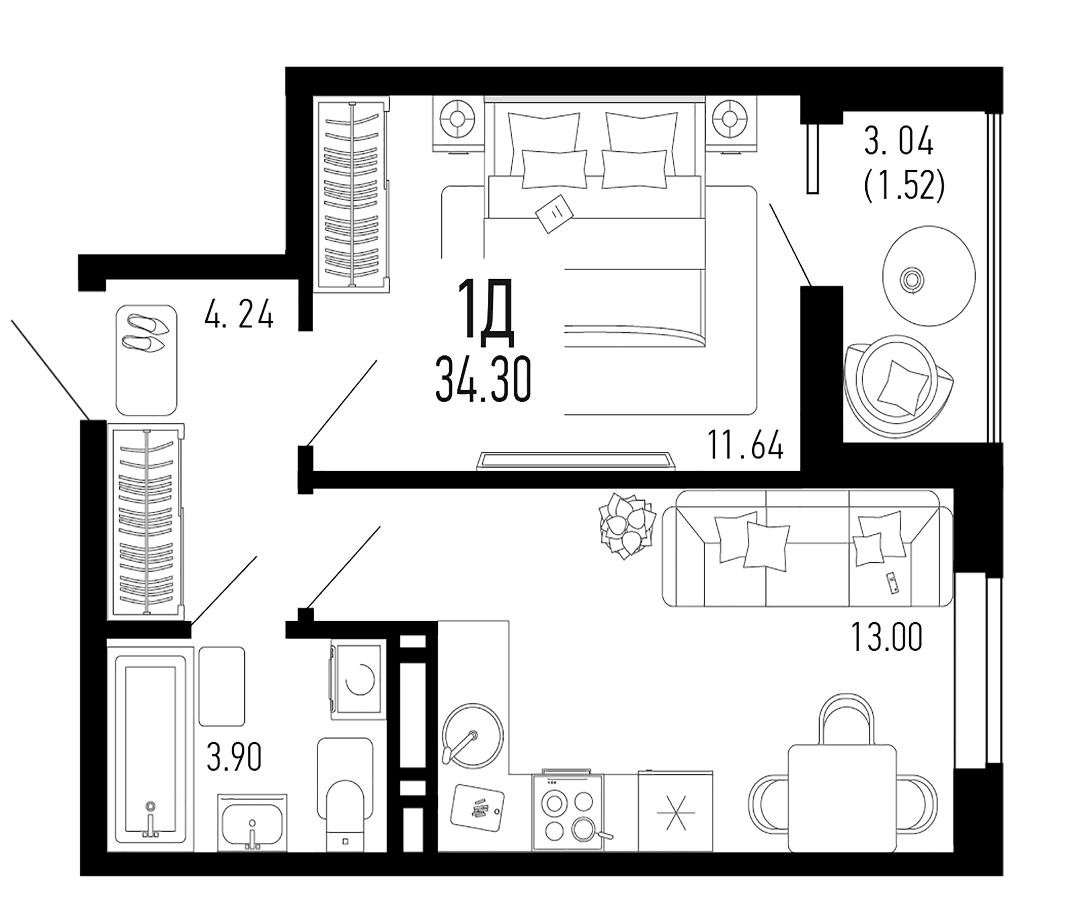 Планировка — Столицыно, 1-комн., 33 м²