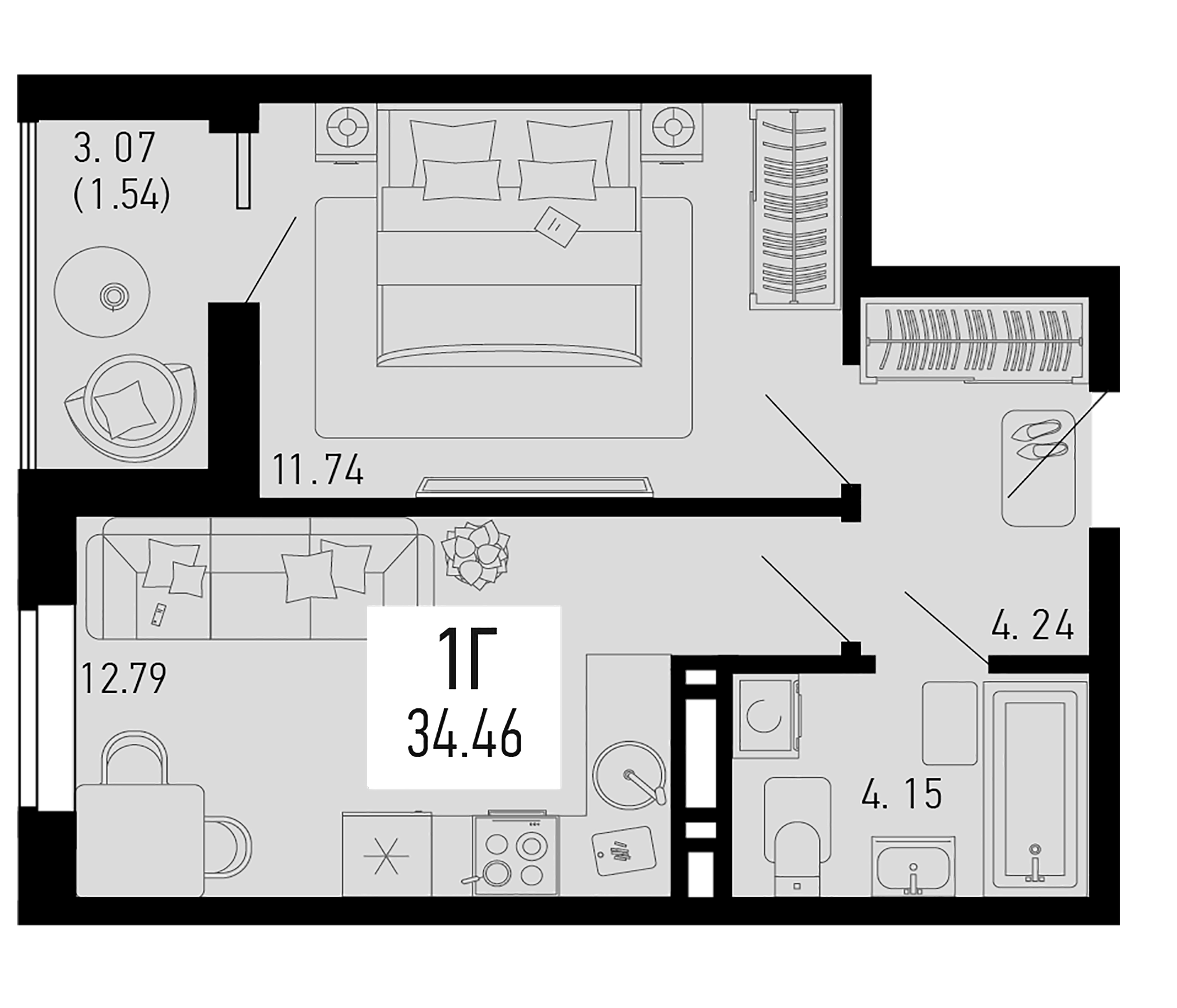 Планировка — Столицыно, 1-комн., 33 м²