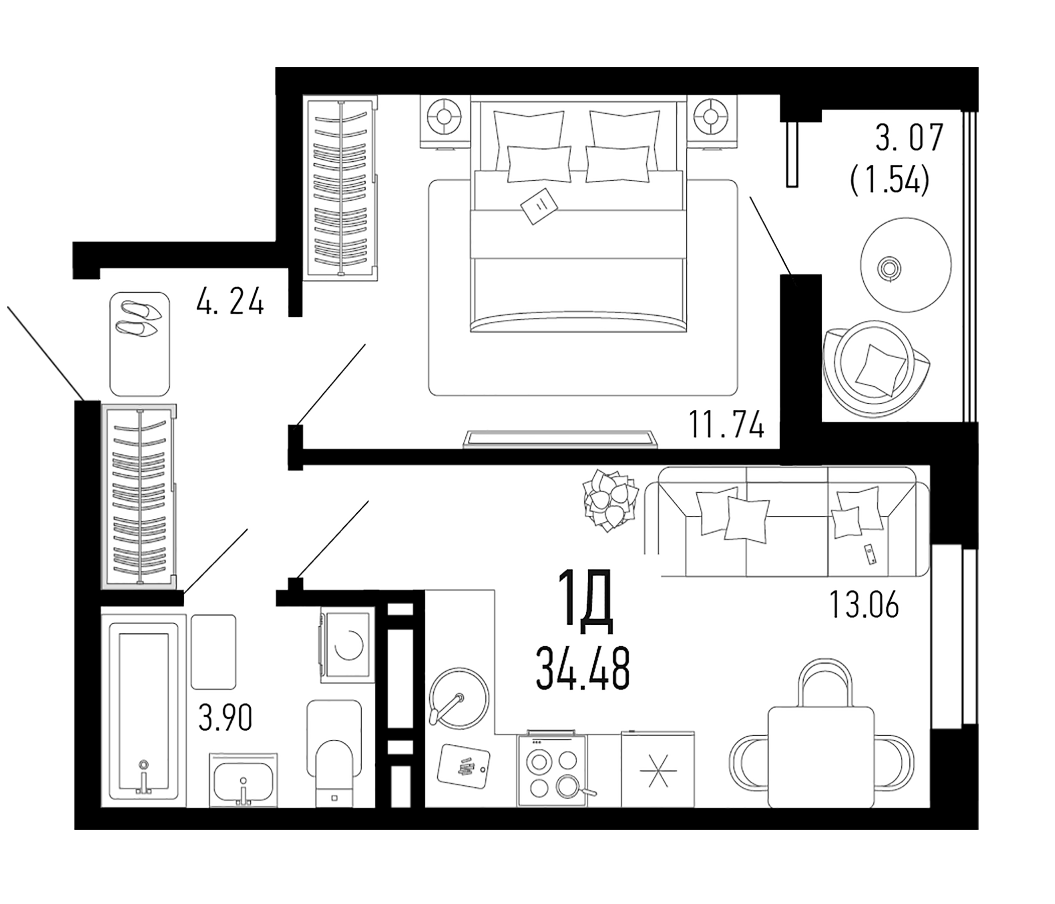 Планировка — Столицыно, 1-комн., 33 м²