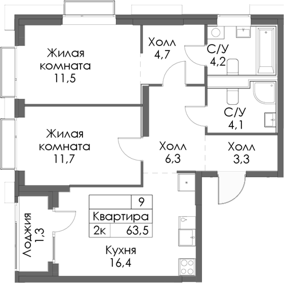 Планировка — Сиберово, 2-комн., 62 м²