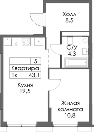 Планировка — Сиберово, 1-комн., 43 м²