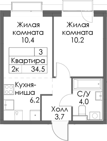 Планировка — Сиберово, 2-комн., 35 м²