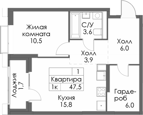 Планировка — Сиберово, 1-комн., 46 м²