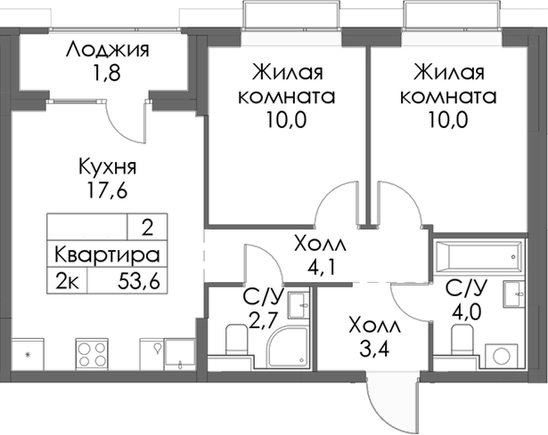 Планировка — Сиберово, 2-комн., 52 м²