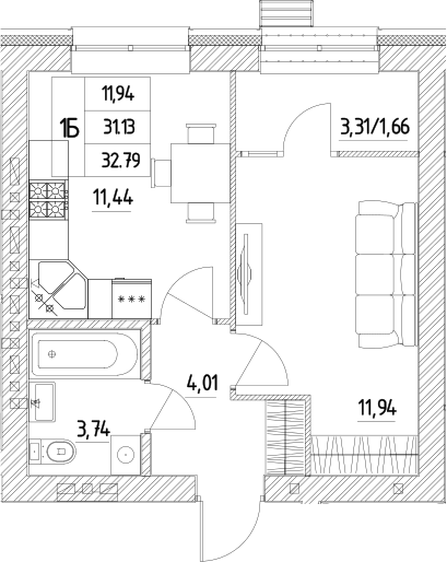 Планировка — Атмосфера, 1-комн., 31 м²