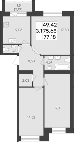 Планировка — DOLCE VITA, 3-комн., 75 м²