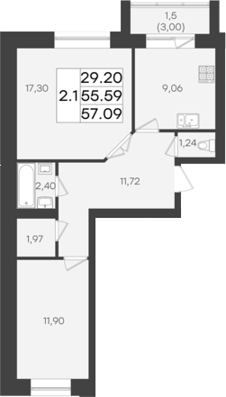 Планировка — DOLCE VITA, 2-комн., 56 м²