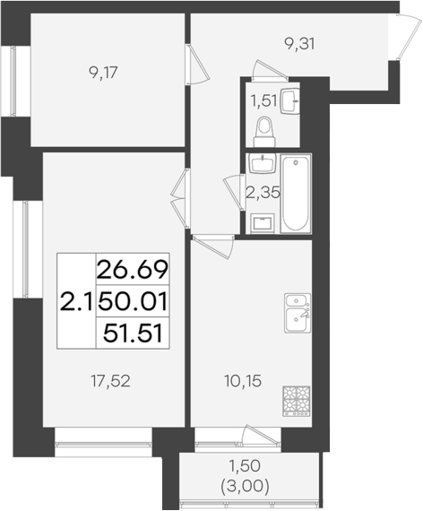 Планировка — DOLCE VITA, 2-комн., 50 м²