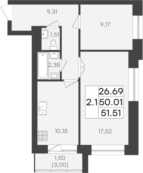 Планировка — DOLCE VITA, 2-комн., 50 м²