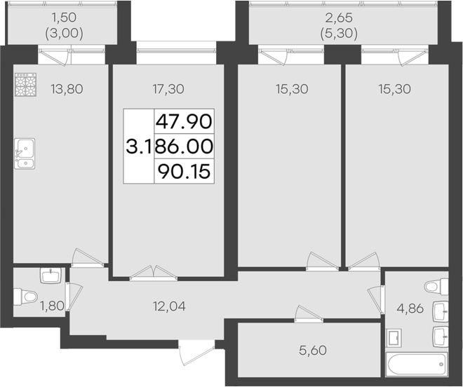Планировка — DOLCE VITA, 3-комн., 86 м²
