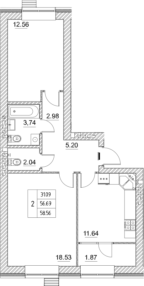 Планировка — Атмосфера, 2-комн., 57 м²