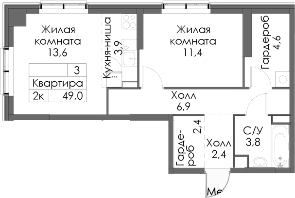 Планировка — Нокса парк, 2-комн., 49 м²
