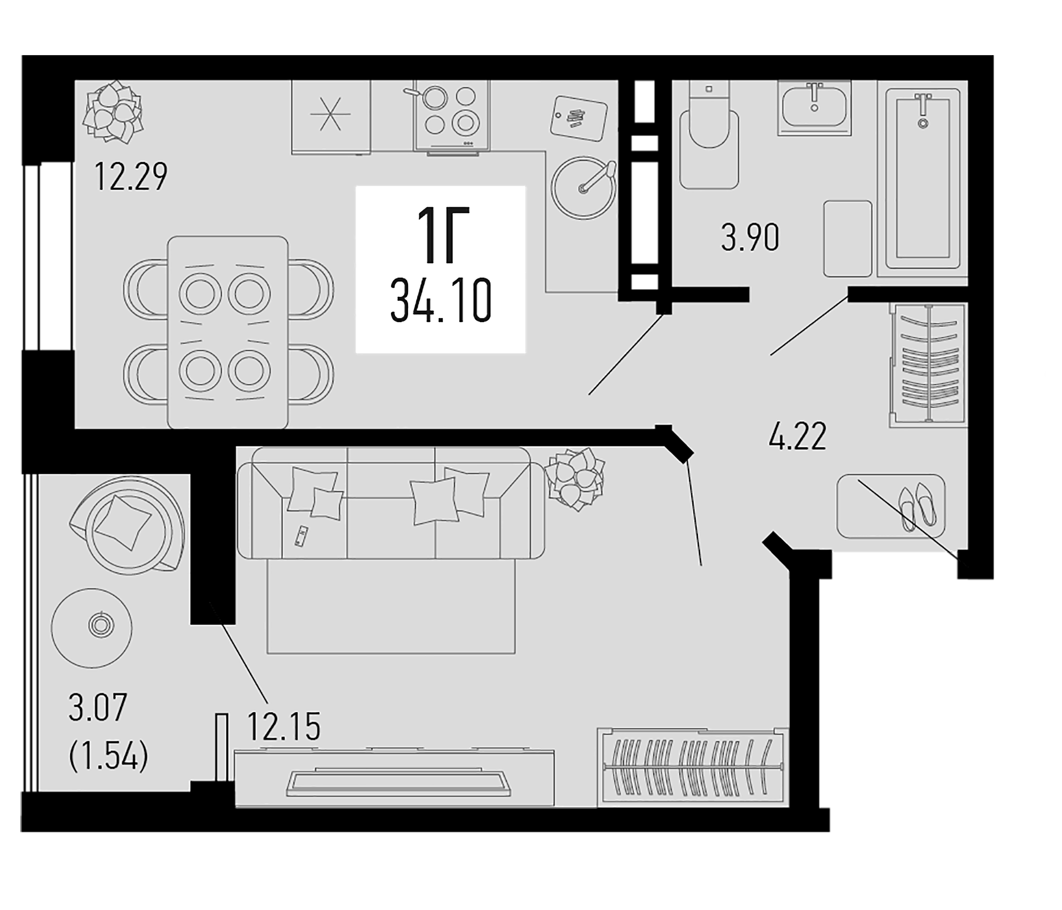 Планировка — Столицыно, 1-комн., 33 м²