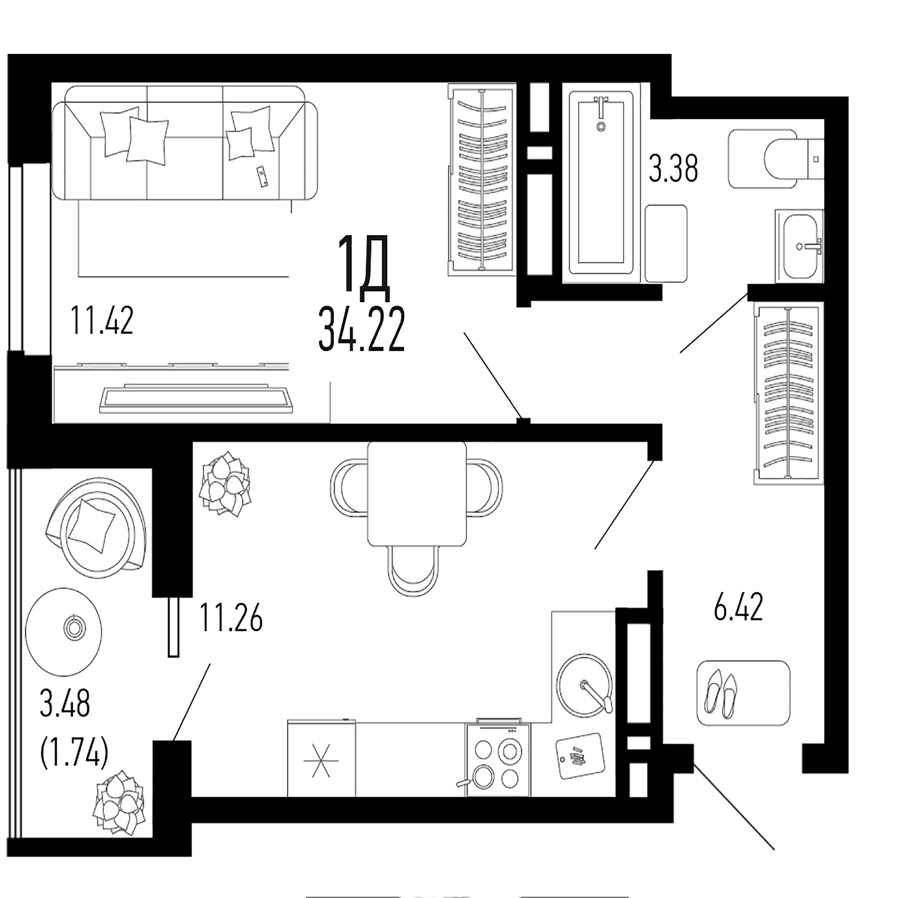 Планировка — Столицыно, 1-комн., 32 м²