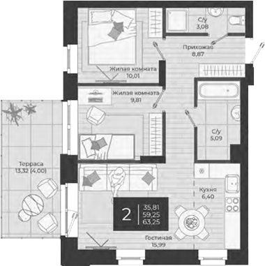 Планировка — Nova, 3-комн., 59 м²