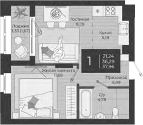 Планировка — Nova, 2-комн., 36 м²