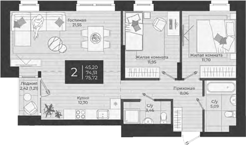 Планировка — Nova, 3-комн., 75 м²