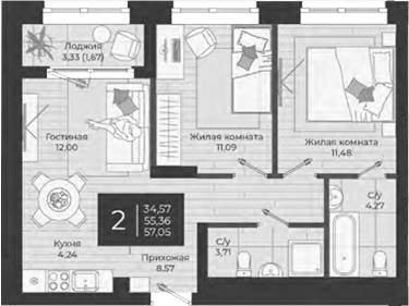 Планировка — Nova, 3-комн., 55 м²