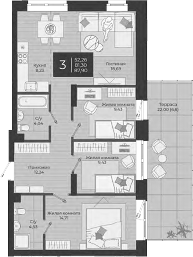 Планировка — Nova, 4-комн., 81 м²