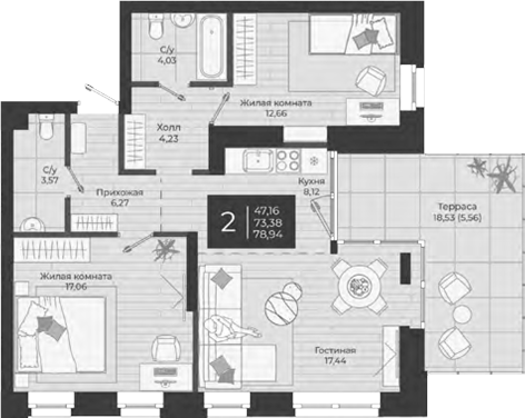 Планировка — Nova, 3-комн., 73 м²