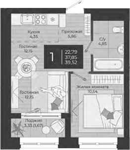 Планировка — Nova, 2-комн., 38 м²