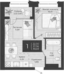 Планировка — Nova, 2-комн., 37 м²