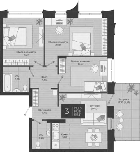 Планировка — Nova, 4-комн., 97 м²