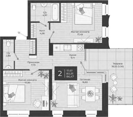 Планировка — Nova, 3-комн., 81 м²