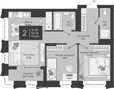 Планировка — Nova, 3-комн., 54 м²