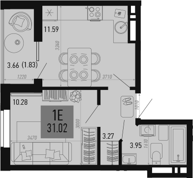 Планировка — Столицыно, 1-комн., 29 м²