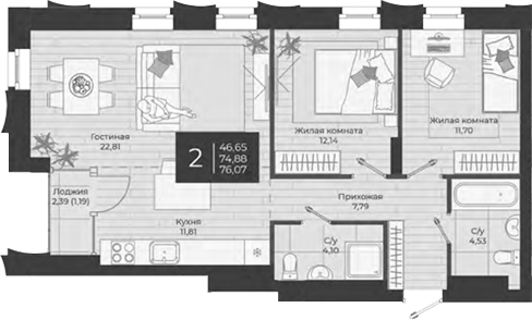 Планировка — Nova, 3-комн., 75 м²