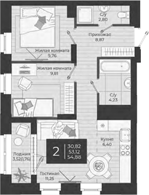 Планировка — Nova, 3-комн., 53 м²