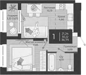 Планировка — Nova, 2-комн., 35 м²