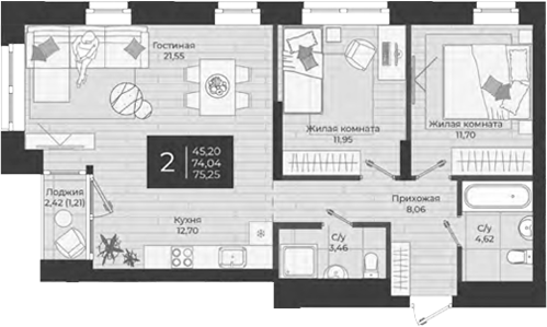 Планировка — Nova, 3-комн., 74 м²