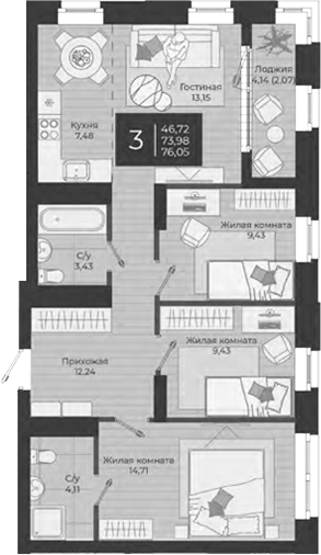 Планировка — Nova, 4-комн., 74 м²