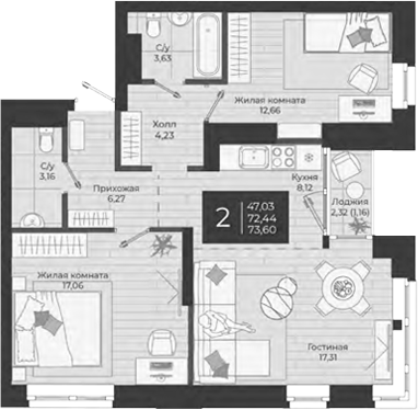 Планировка — Nova, 3-комн., 72 м²