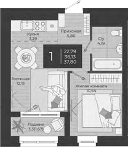 Планировка — Nova, 2-комн., 36 м²