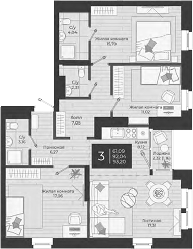 Планировка — Nova, 4-комн., 92 м²