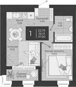 Планировка — Nova, 2-комн., 36 м²