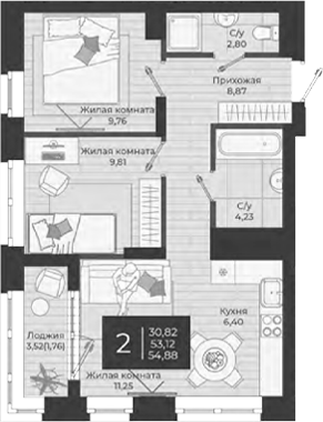 Планировка — Nova, 3-комн., 53 м²