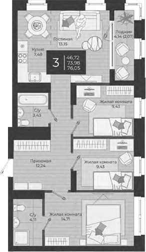 Планировка — Nova, 4-комн., 74 м²