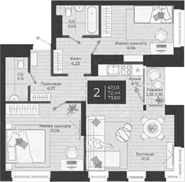 Планировка — Nova, 3-комн., 72 м²