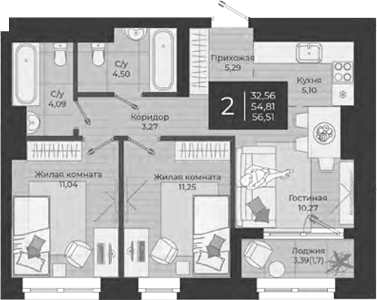 Планировка — Nova, 3-комн., 55 м²