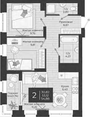 Планировка — Nova, 3-комн., 53 м²