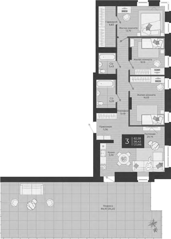Планировка — Nova, 4-комн., 98 м²