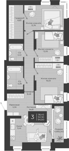 Планировка — Nova, 4-комн., 92 м²