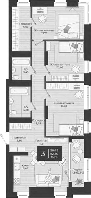Планировка — Nova, 4-комн., 92 м²