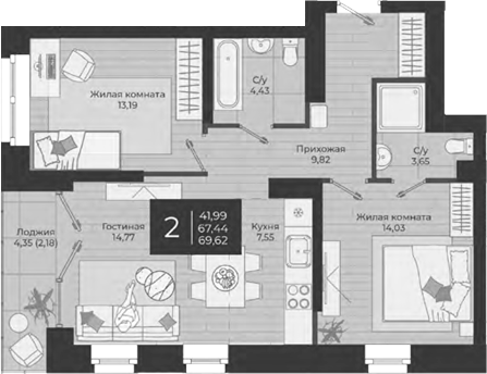 Планировка — Nova, 3-комн., 67 м²