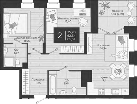 Планировка — Nova, 3-комн., 63 м²