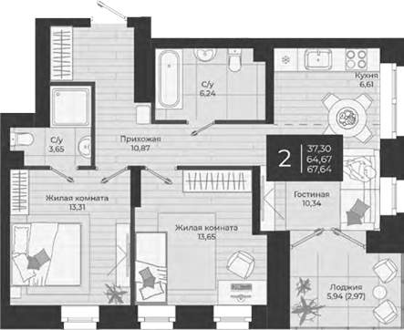 Планировка — Nova, 3-комн., 65 м²